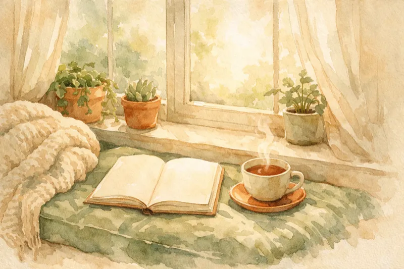 Cozy journaling scene with morning light