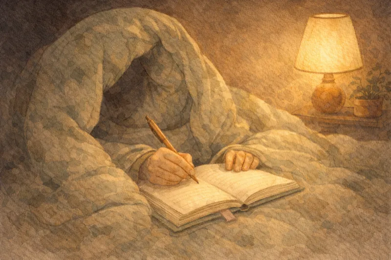 Person wrapped in blanket cocoon journaling with lamp