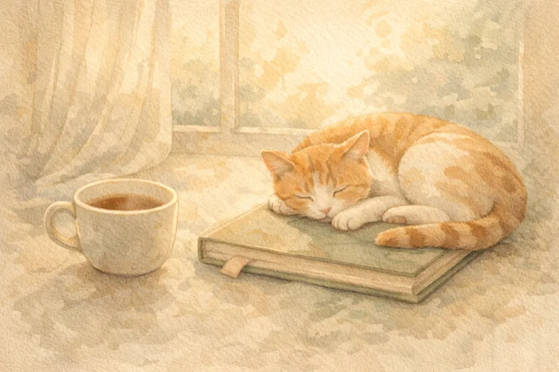 Simple cozy cat resting on journal, mundane moments