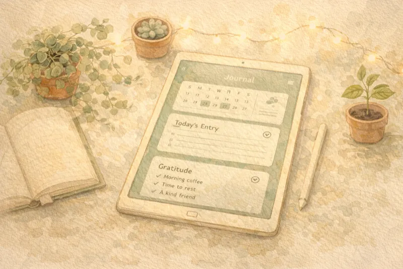 Digital journaling apps aesthetic flat lay