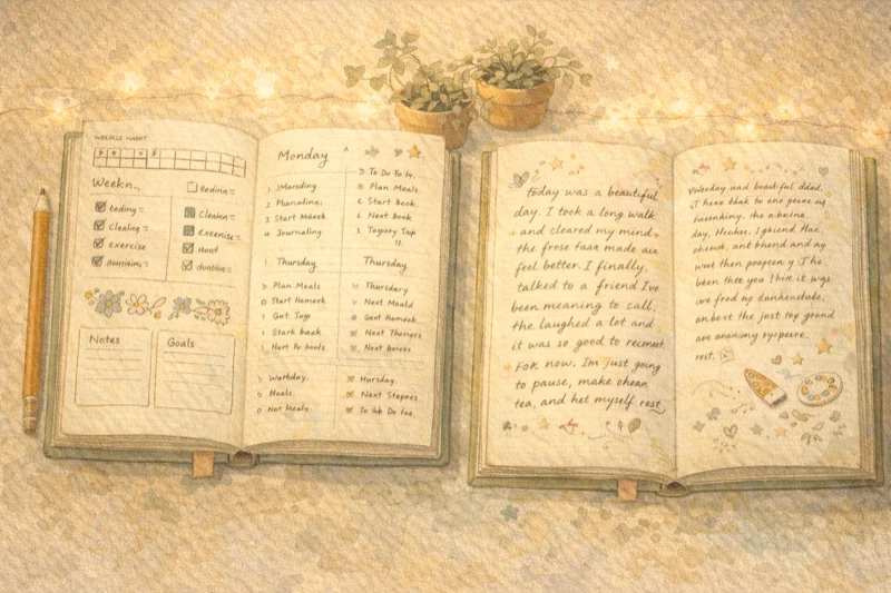 Bullet journal spread next to regular diary comparison